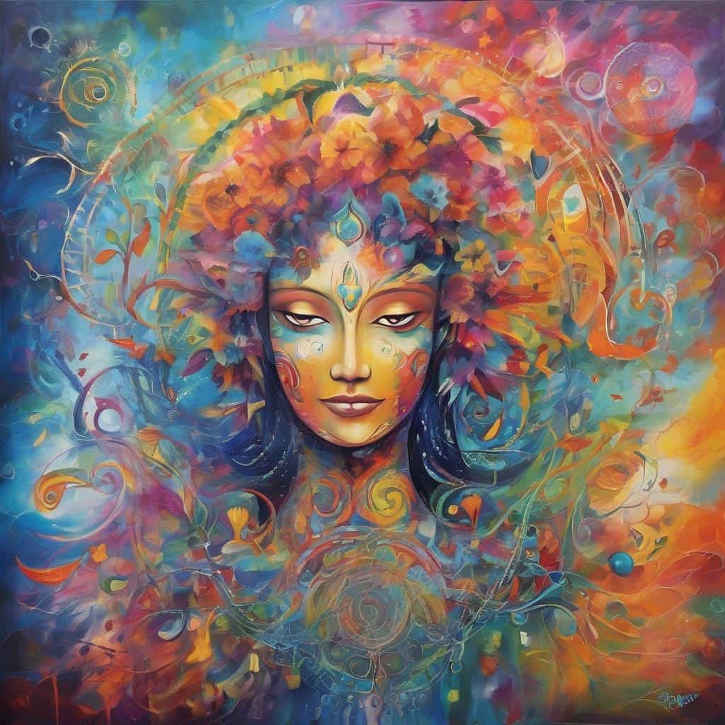 Υψηλής τέχνης αφηρημένη πορτρέτο γυναίκας με πολύχρωμα λουλούδια και φανταστικά μοτίβα, ενίσχυση προσωπικής ανάπτυξης και εσωτερικού δυναμικού.