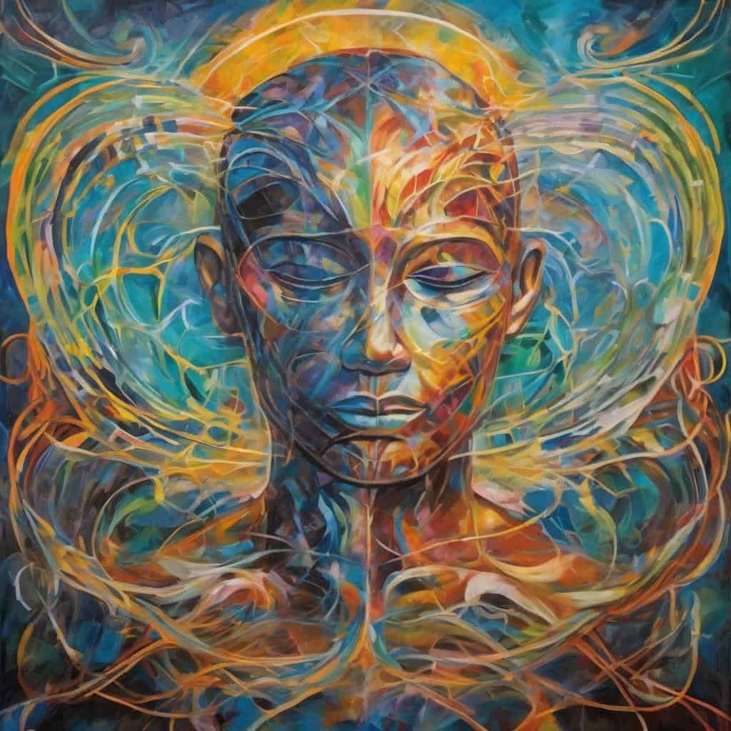 Εικόνα με πολύχρωμο αφηρημένο πορτρέτο γυναικείας μορφής, εμπνευσμένο από την εσωτερική δύναμη και αυτοανακάλυψη.