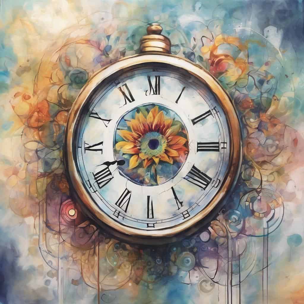 Χρονολόγιο ρολόι με ηλιανθό, αφαιρετικό στυλ τέχνης, σύγχρονη διακόσμηση, εντυπωσιακή εσωτερική διακόσμηση, εμπνευσμένο από τη φύση.